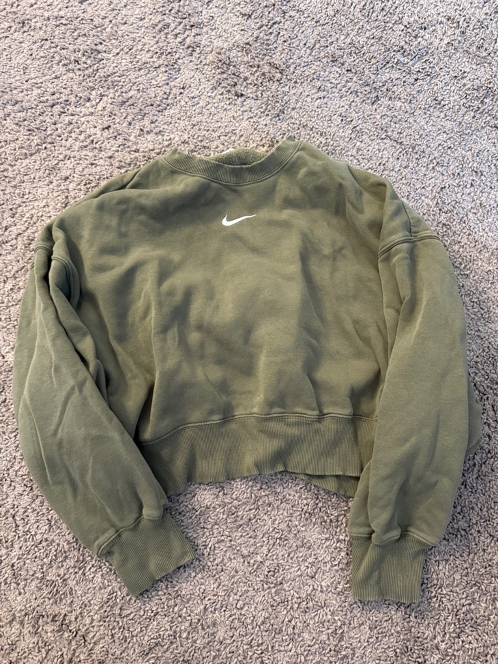 Nike Olive Green Cropped Crewneck Sweatshirt with White Swoosh